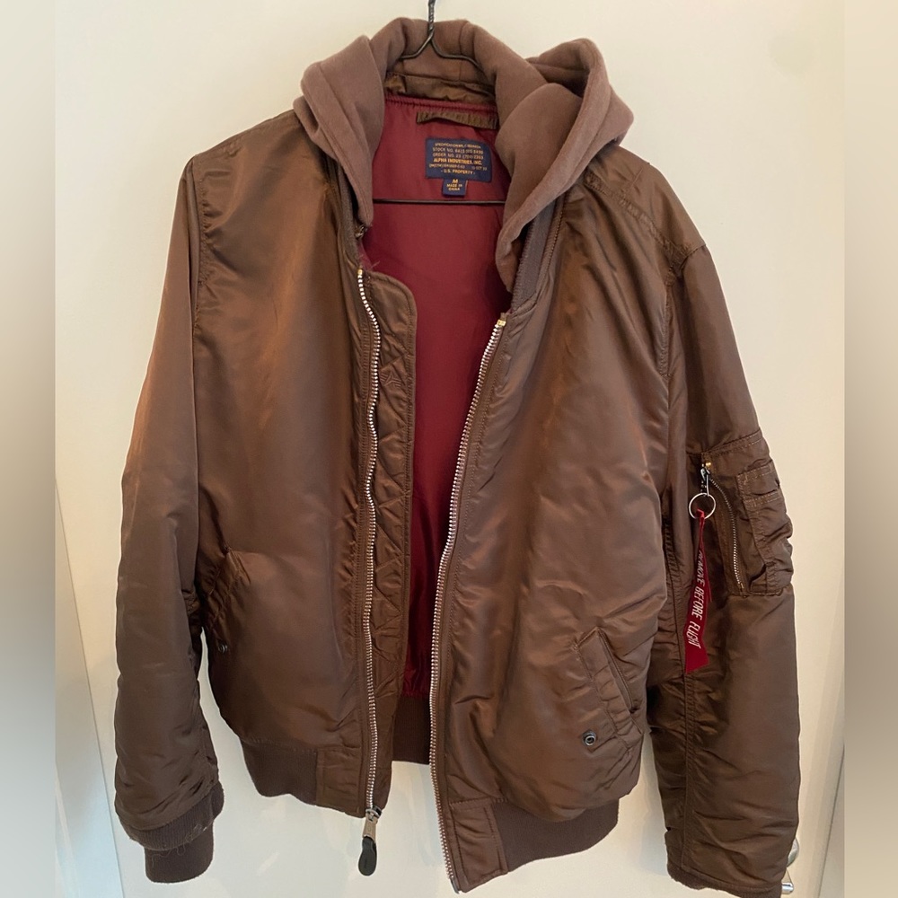 RELIST - Alpha Industries Mens Bomber Jacket - Size M Brown with Removable Hood
